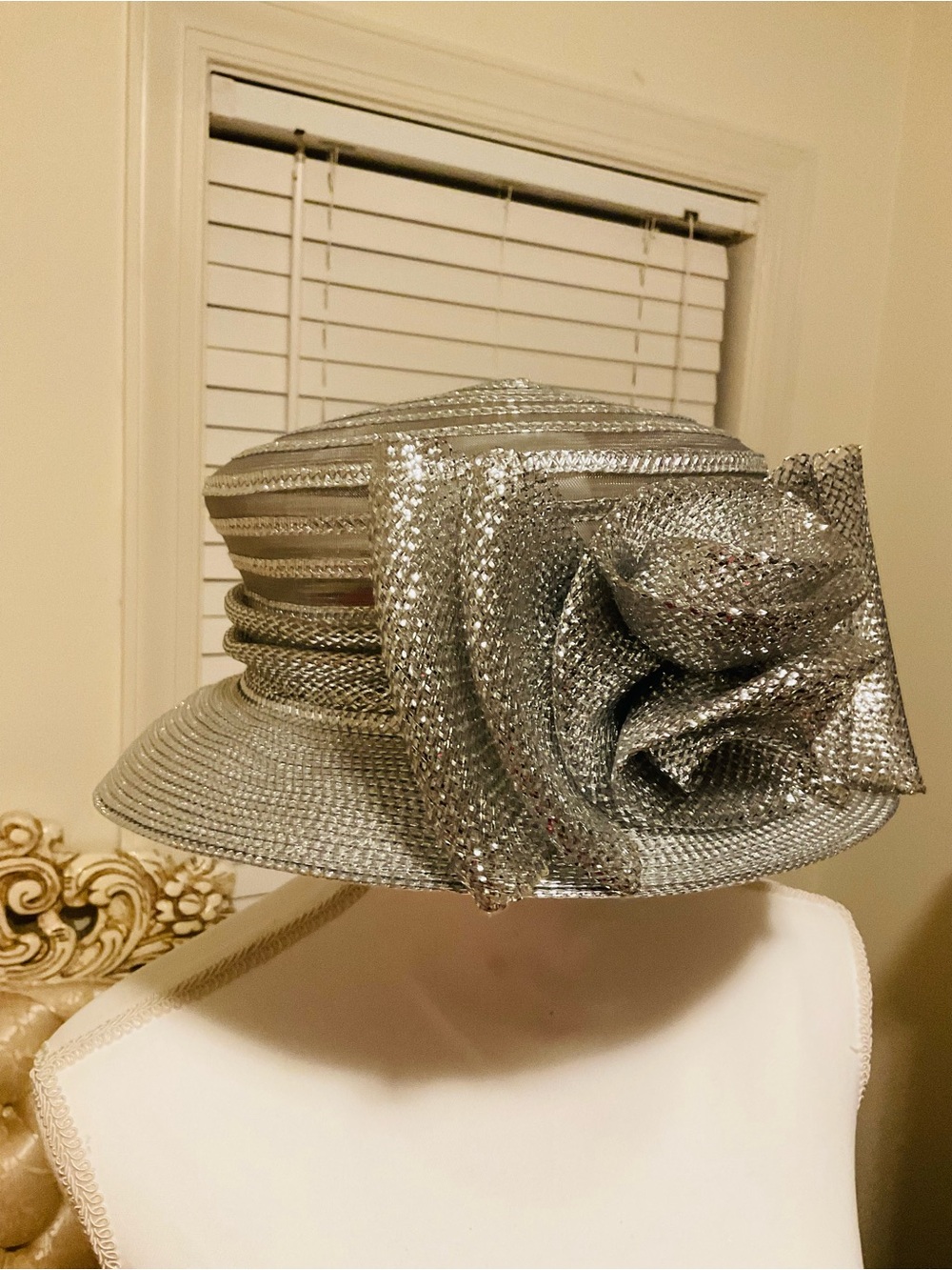 Classic Silver Women's Dress Hat with Decorative Rosette